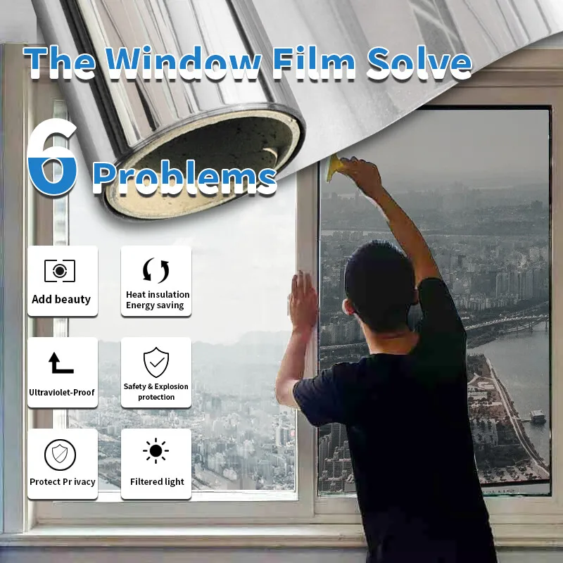 One Way Mirror Privacy Window Film Self Adhesive Sun Block Heat Control Removable Silver for Home Office Glass