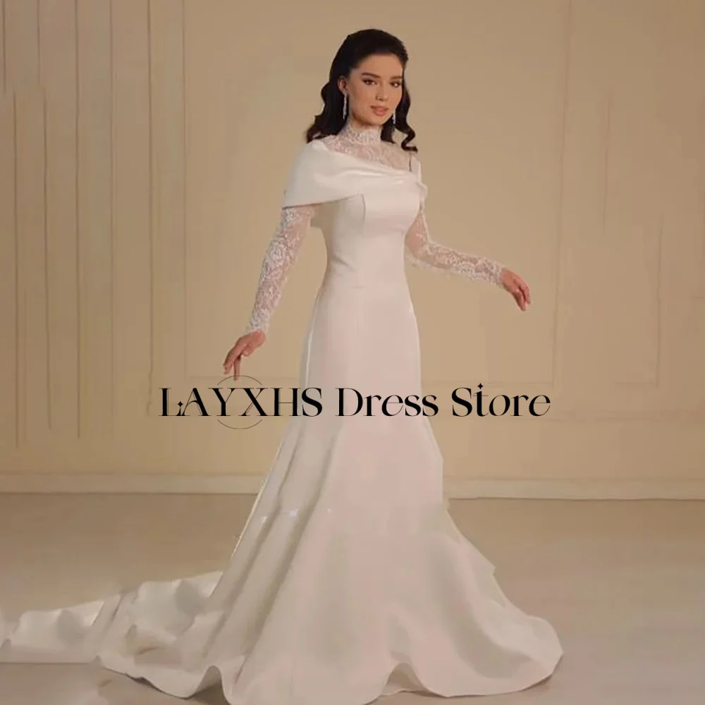 LAYXHS Vestidos de casamento elegantes com gola alta, renda, mangas compridas, sereia, pregas, vestido de noiva personalizado