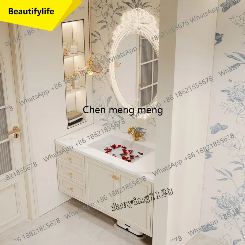 6239  Oak French retro bathroom cabinet combination wash basin cabinet smart mirror rock slab seamless basin