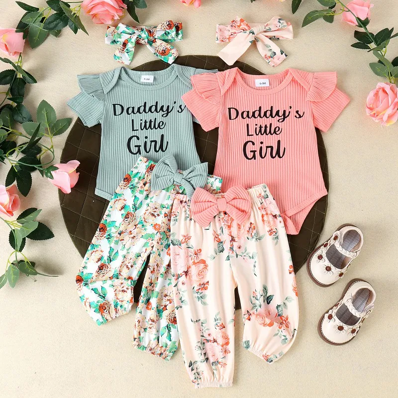 

Baby Girl Bottoms Outfit Short Sleeve Ruffled Ribbed Romper Bodysuit Top+ Pants Summer