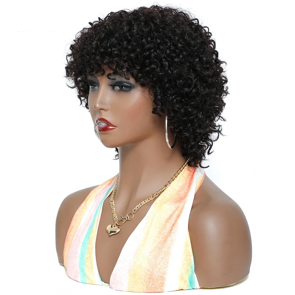 Pixie Cut Bob Wig Curly Human Hair Wigs For Black Women Afro Kinky Curly Bob Wig With Bangs Full Machine Made Non Lace Wigs