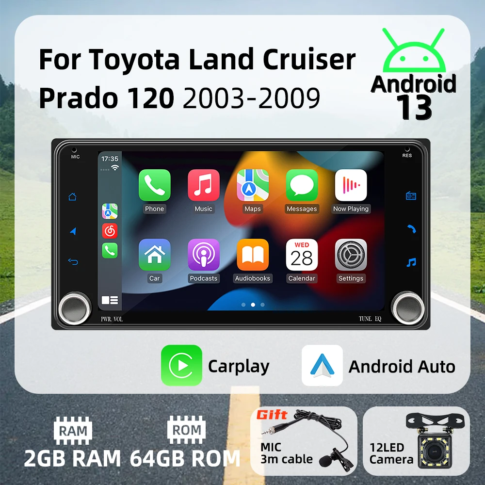 

Автомобильный радиоприемник 2Din для Toyota Land Cruiser Landcruiser Prado 120 2003-2009, 7-дюймовый экран, стерео головное устройство Carplay, Android, автомобильный мультимедиа
