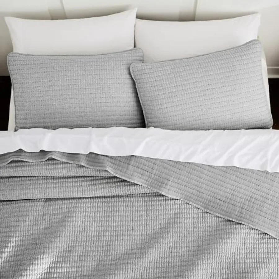 

Pick Stitch Size Quilt Set Striped Channel Lightweight Soft All Season Bedspread Bamboo Linen Like Textured Coverlet Farmhouse