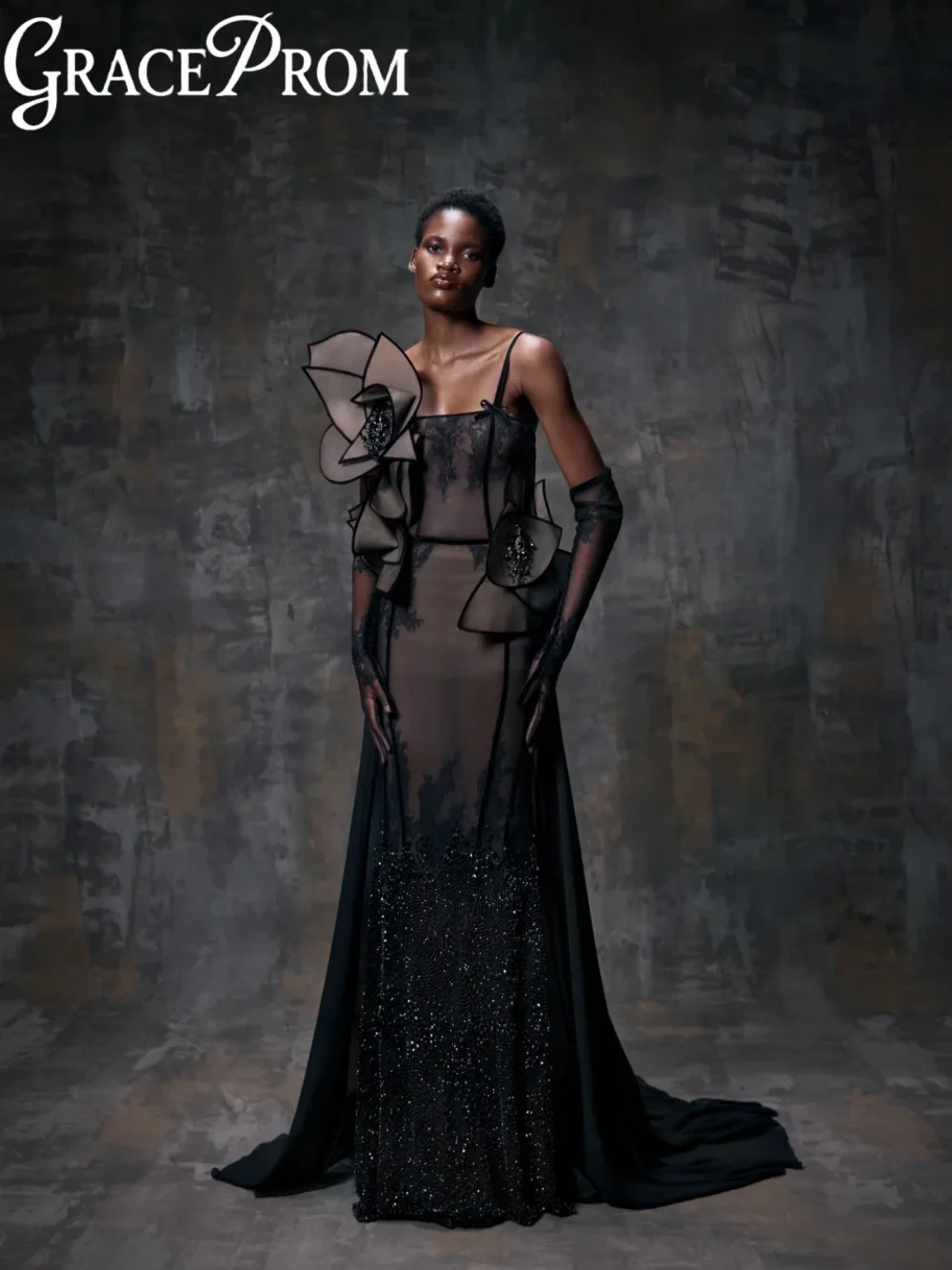 

Handmade 3D Floral Evening Dress Luxury Black Beaded Lace Wedding Party Gowns Customized Fashion Illusion Banquet Gowns