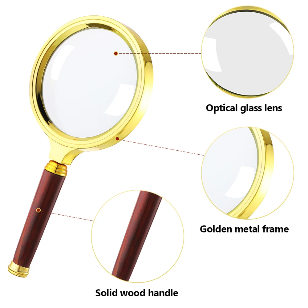 Handheld magnifier 10x imitation mahogany handle gold plated reading magnifier, suitable for reading books, coins, insects