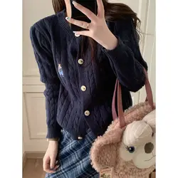 Deeptown Vintage Kawaii Knit Cardigan Women Preppy Korean Fashion Autumn Sweater Aesthetic Embroidery Old Money Style Jumper