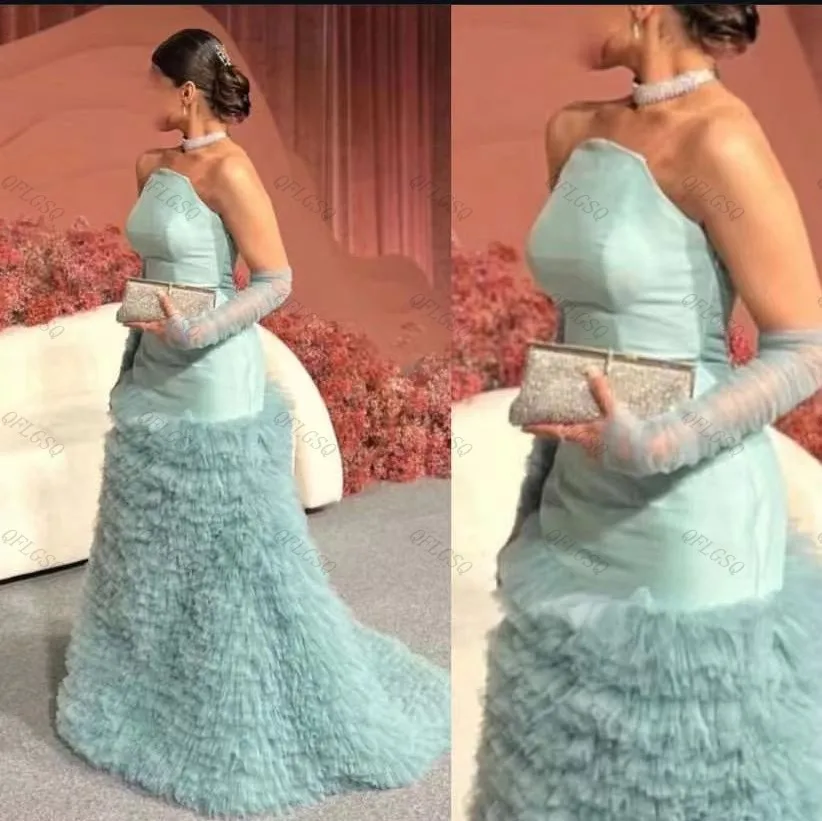 

Gorgeous Prom Gowns To Wedding Long Dresses Half Sleeve Transparent Layered Prom Gown Mermaid Lush Party Dress Ruffle Tulle