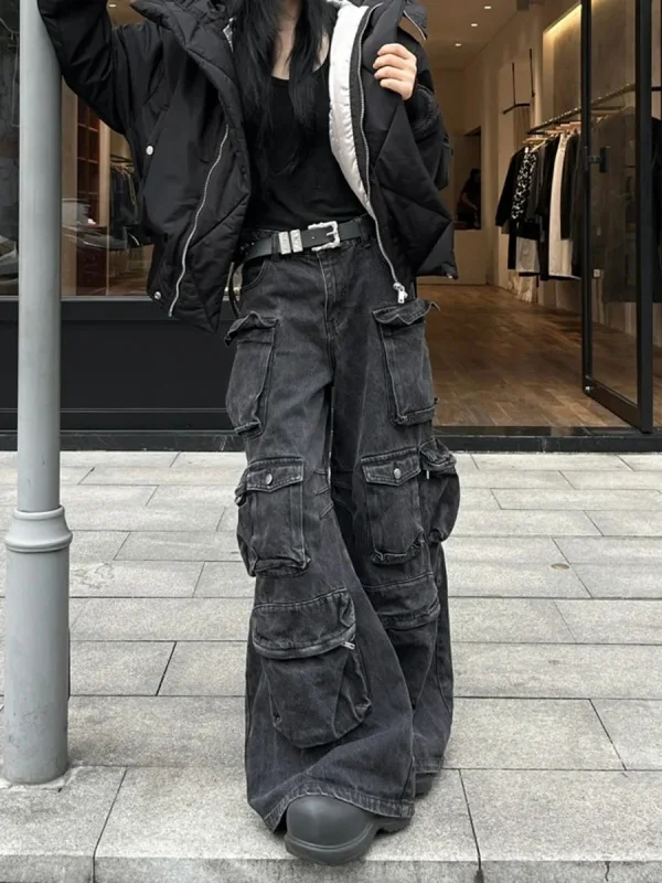 Calças Jeans Estilo Americano Retrô, Design Robusto com Múltiplos Bolsos, Calças de Trabalho de Corte Solto para Homens e Mul...