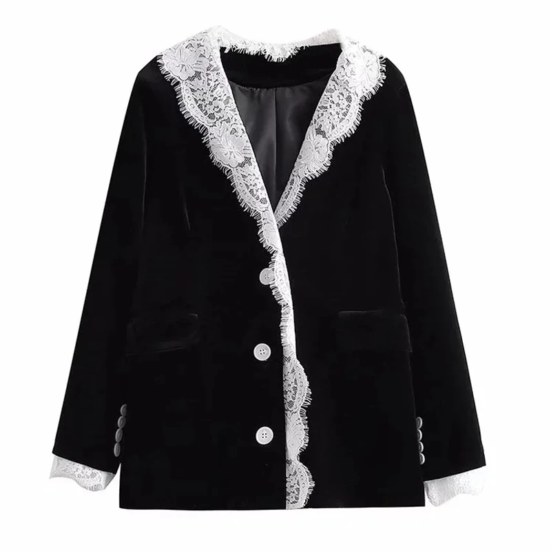 Autumn Korean Style Women Velvet Blazer Women Fashion Suit Lace patchwork jacket Coat High Quality 2022 Outerwear INKEO 2O108