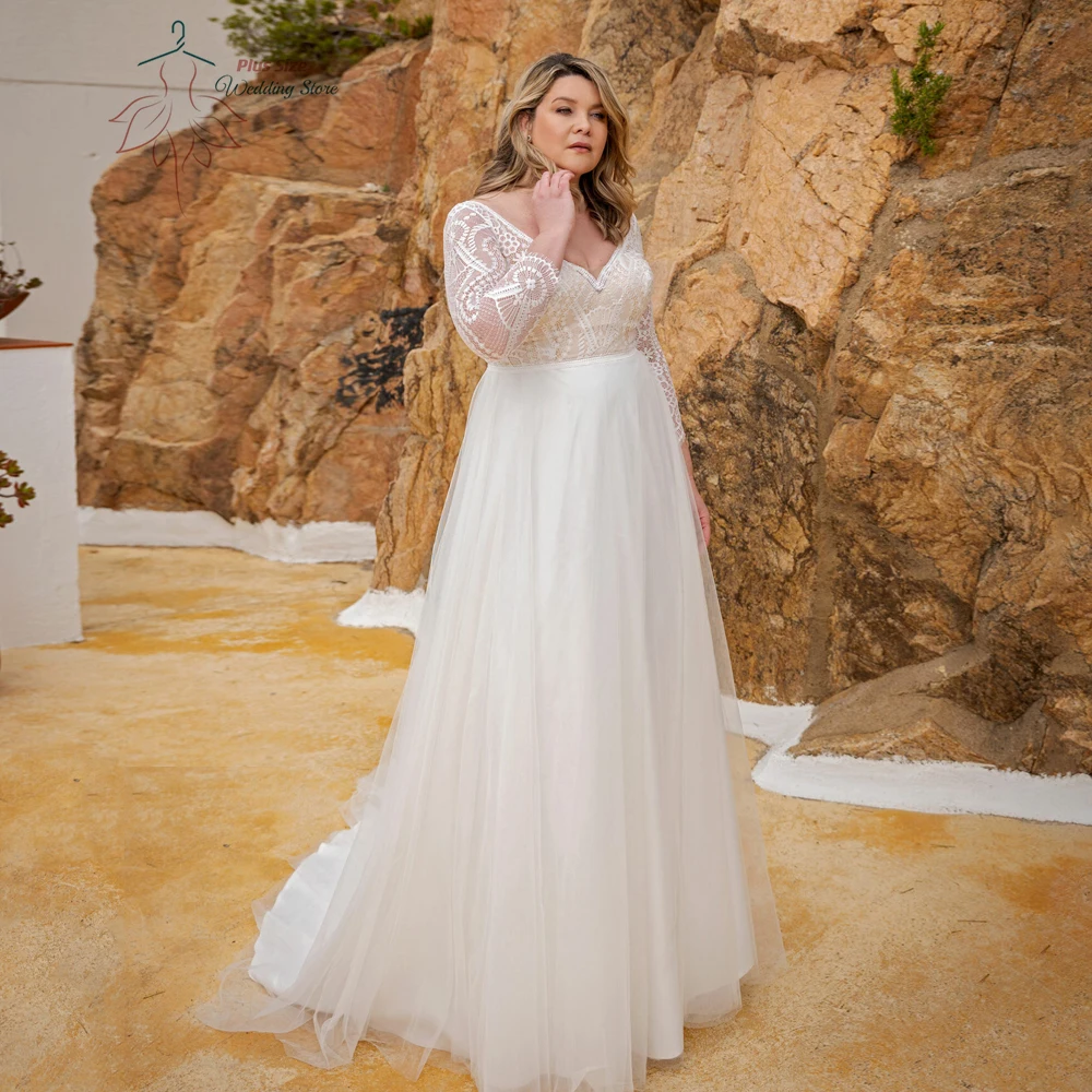 

Classic Lace Wedding Dresses Plus Size V Neck Long Sleeves A-Line Bride Gowns Backless Sweep Train Tulle Vestido De Noiva 2024