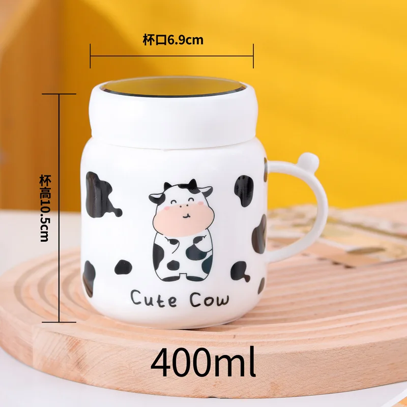 Cartoon Cow Mirror Mug Cute Cow Spotted Ceramic Water Bottle with Handle Couple Kawaii Student Drink Milk Cup Office Gift