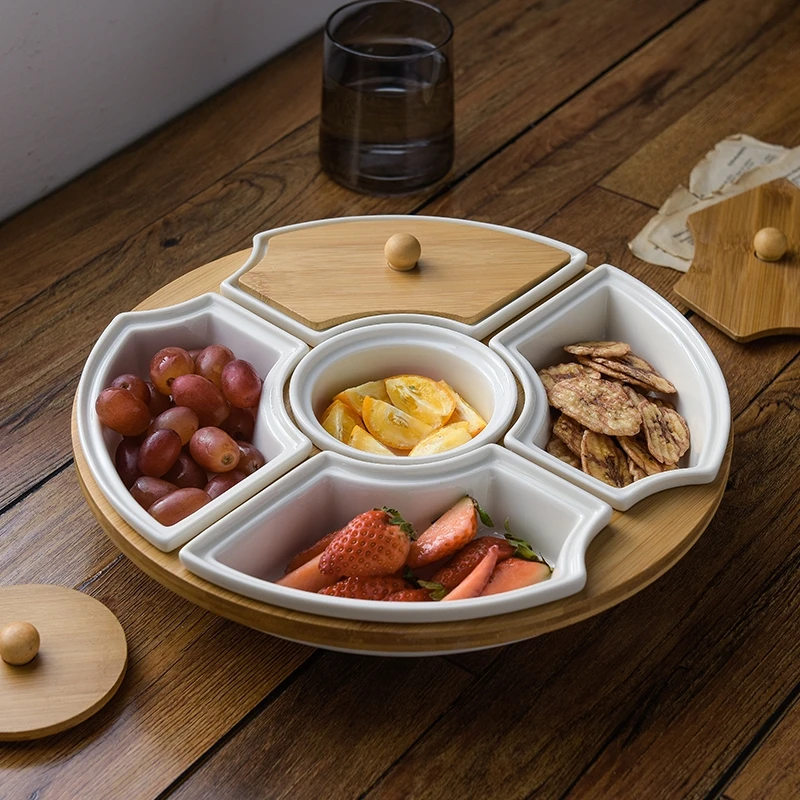 Five Grid Rotating Platter Home Ceramics Dried Fruit Plate with Wooden Lid Rotatable Tray Dust and Moisture Proof Snack