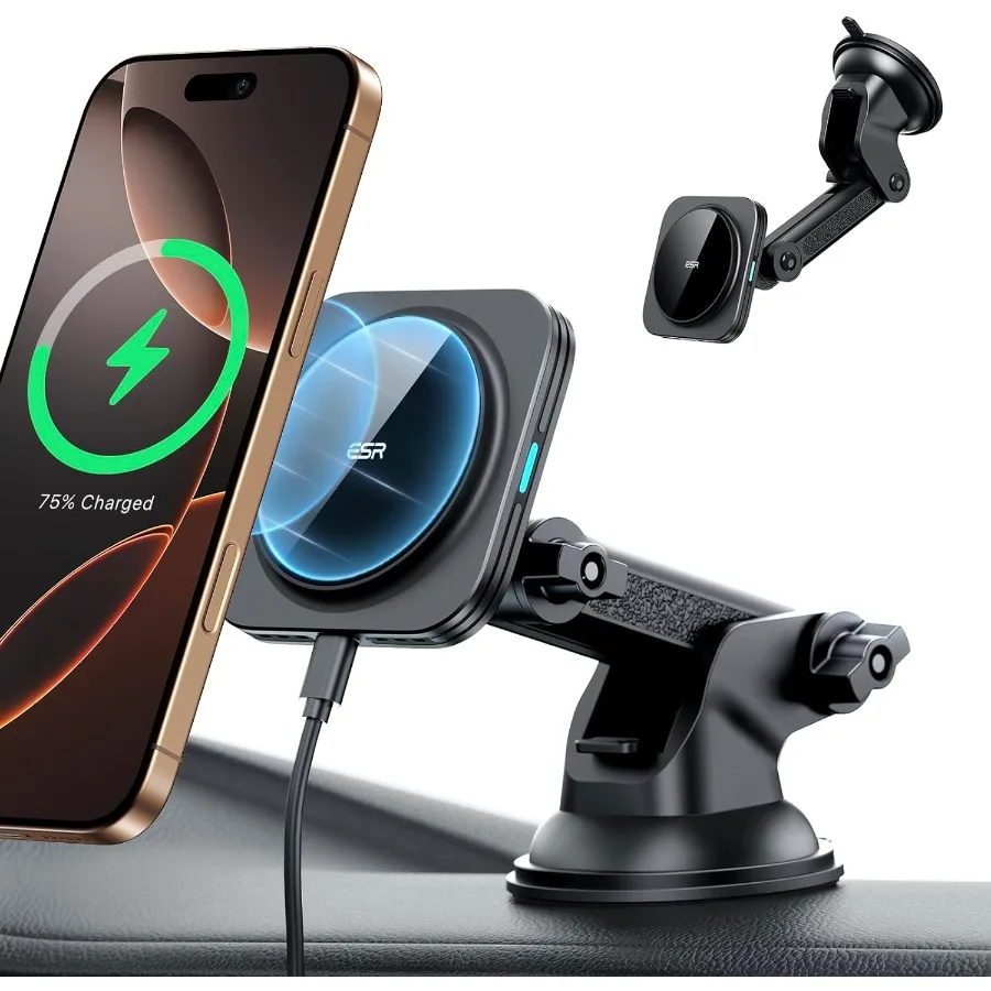 Car Mount Charger with Suction Cup for Dashboard 360 Rotating Magnetic Phone Holder Compatible with iPhone 17 16 15 14
