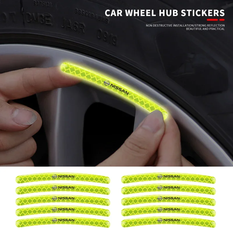 Car Wheel Hub Reflective Sticker Tire Rim Reflective Strips Sticker For Nissan Qashqai X J10 J11 Trail Tiida Teana Pulsar Altima