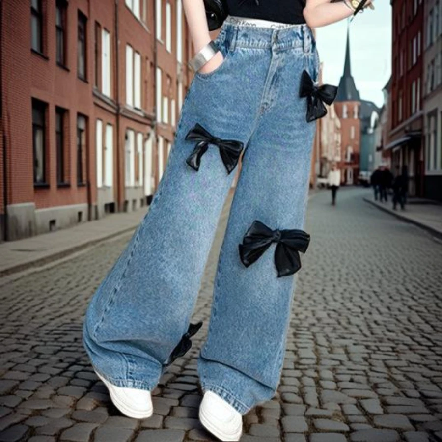 

School Girls Jeans 2025 Spring Teenage Children Wide Leg Pants Retro Black Three-dimensional Bow Blue Jeans Trousers for Kids