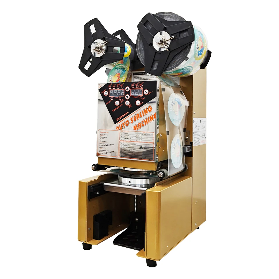 WY980 Fully Automatic Cup Sealing Machine, Electric Tea Sealer with Digital Control LCD Panel for Bubble Milk Tea Coffee, Golden