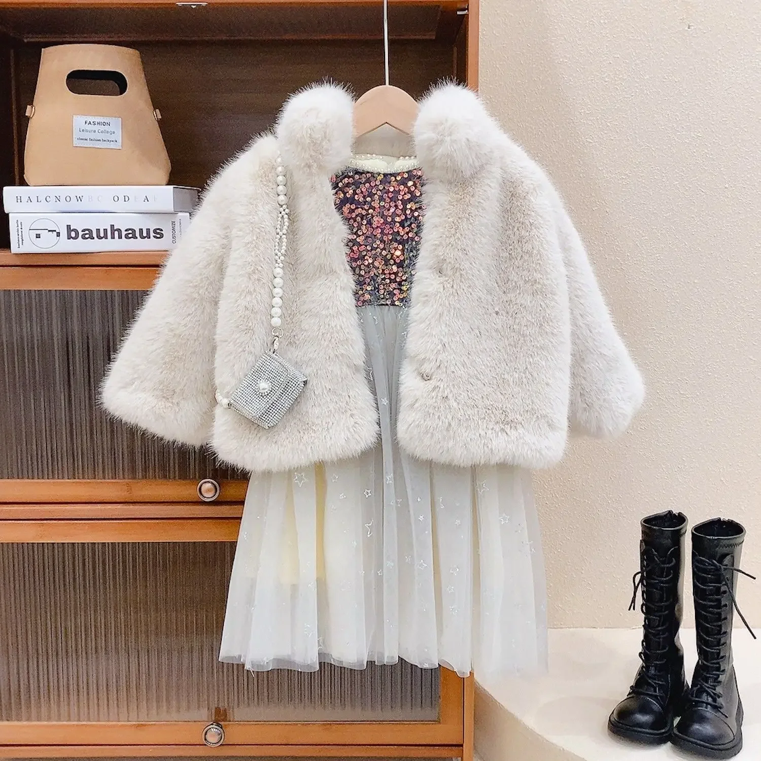 2024 New Girls Faux Fox Fur Coat Korean Temperament Fur Coat for Children Stand Up Neck Fur Plush Short Coat