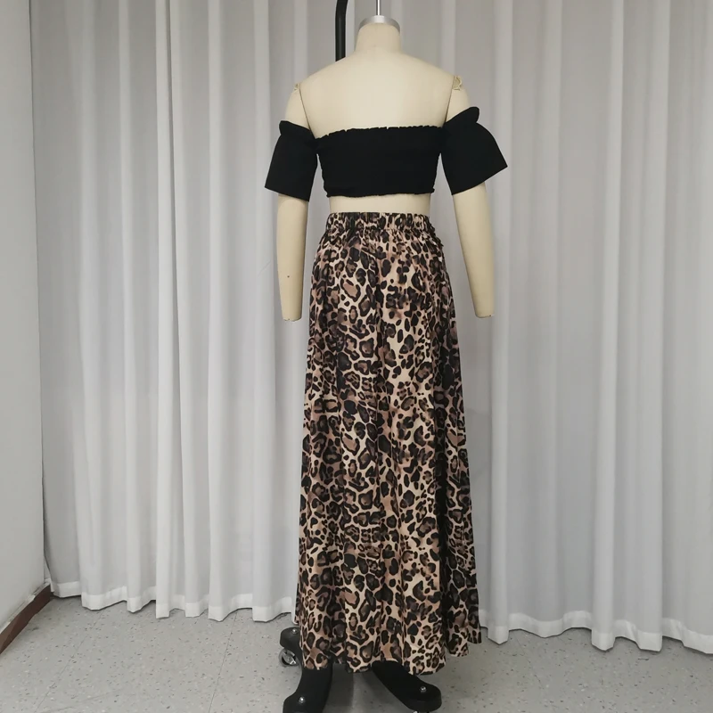 Waytobele Two Piece Set Summer 2024 Women Fashion Off Shoulder Solid Short Sleeved Pleated Slim Top Leopard Print Skirt Sets