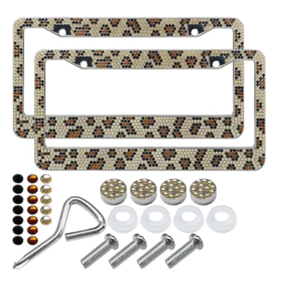 

2PCS Bling License Plate Frames, Leopard License Plate Tag Cover, Sparkly Rhinestone Car Decoration Accessories, Stainless Stee