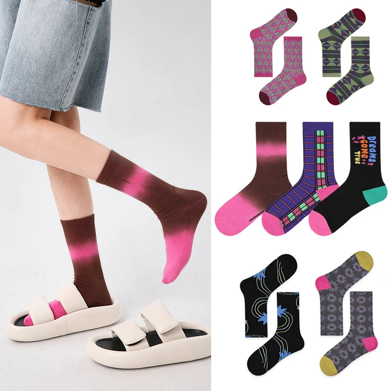 3 Pairs Socks Flower Women Harajuku Cotton Fashion Korean Style Renaissance Original Retro Tube Floral Socks Long Winter Socks