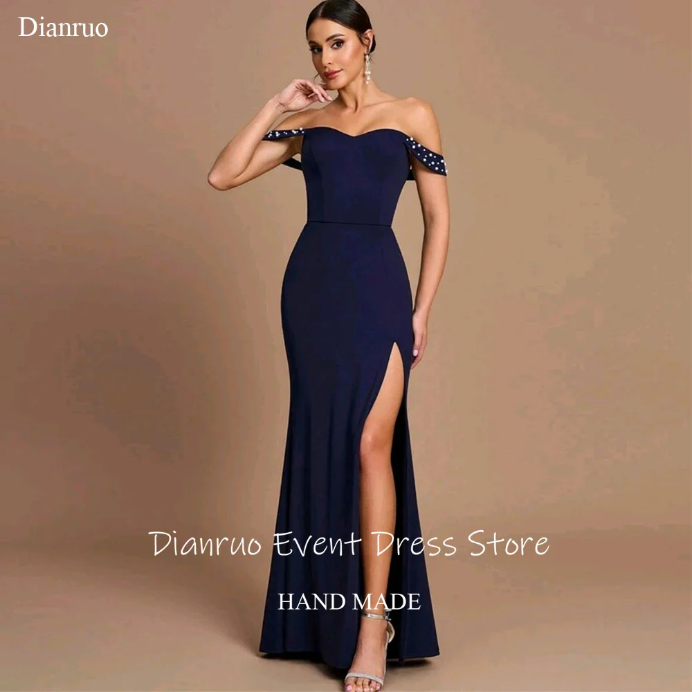 

Dianruo Navy Blue Vintage Evening Dresses Off The Shoulder Party Gown Beaded Straps Side Slit Dress For Women 2025 Customized