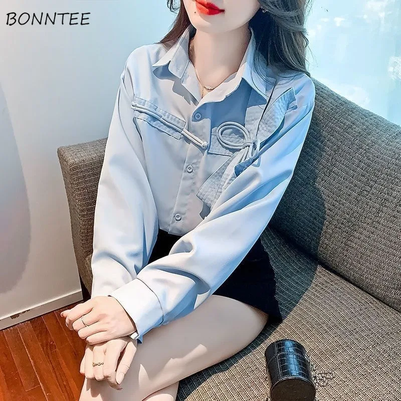 

Turn-down Collar Shirts Women Solid Gentle Bow Design Chic Age-reducing Sweet Lovely Girls Trendy All-match Spring Harajuku Ins