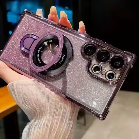 Glitter Plating Magnetic Stand Case For Samsung Galaxy S25FE Edge S24 S23 S22 Plus Ultra A17 07 56 36 26 16 06 Airbag Soft Cover