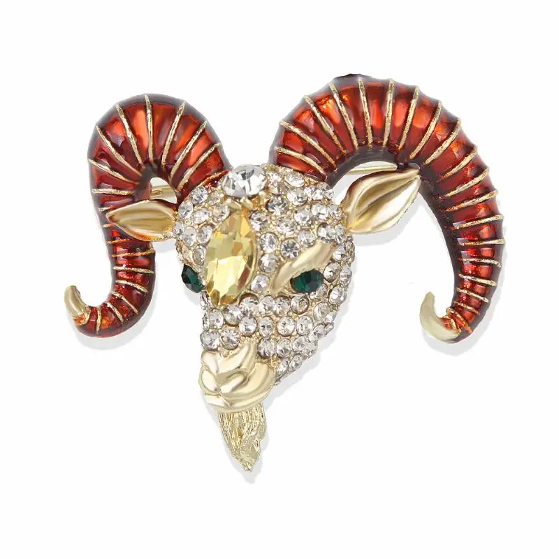Cool Enamel Goat Head Brooches For Women Unisex Rhinestone Year Of The Sheep Animal Party Brooch Pins New Year Gifts