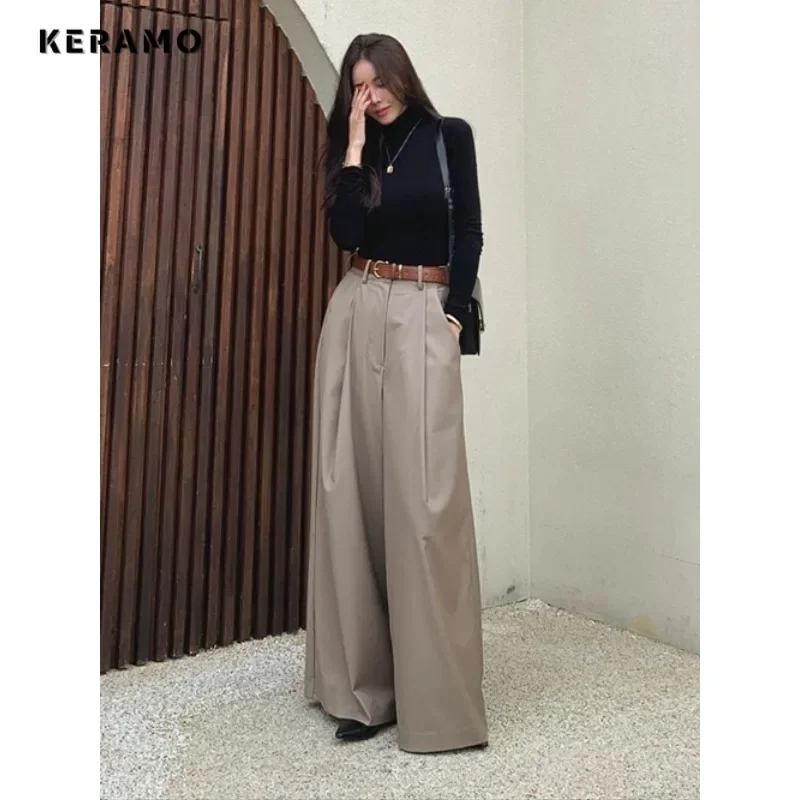 Imagem -03 - Calça Casual de Escritório Feminina Estilo Senhora Monocromática Cintura Alta Extragrande Perna Larga Retrô Calça de Comprimento Total Moda Inverno 2023