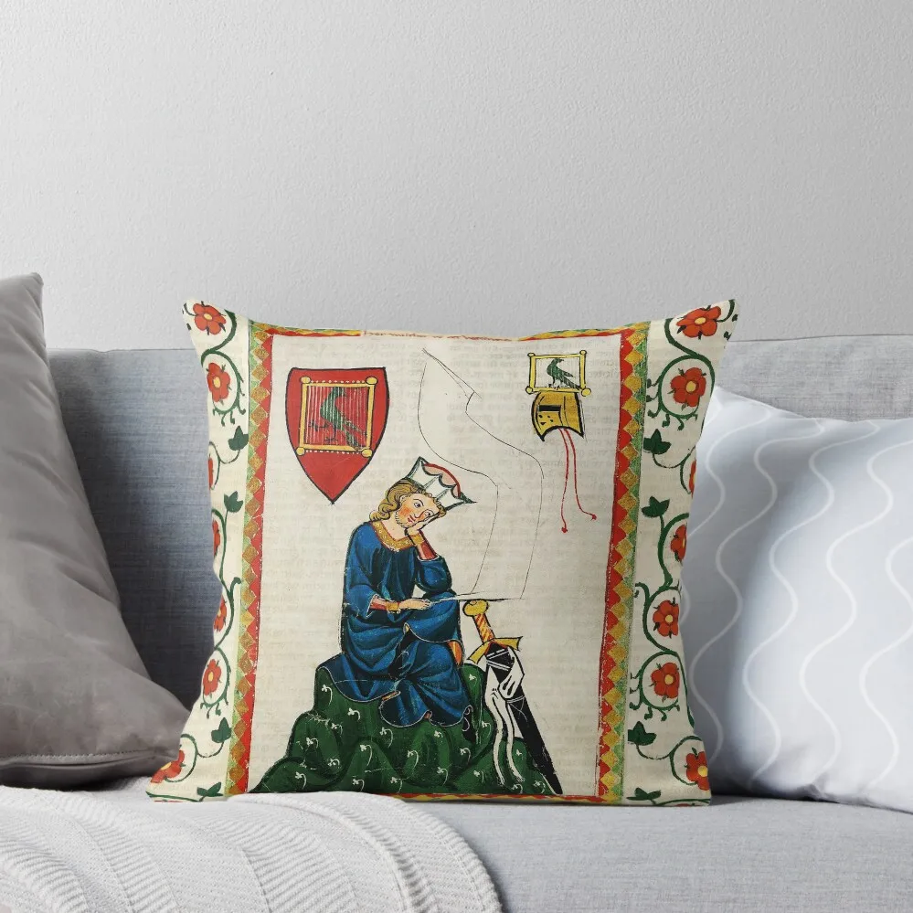 

GERMAN LYRIC POET COMPOSER WALTHER VON DER VOGELWEIDE MEDIEVAL MINIATURE WITH WILD ROSES Throw Pillow autumn pillowcase pillow