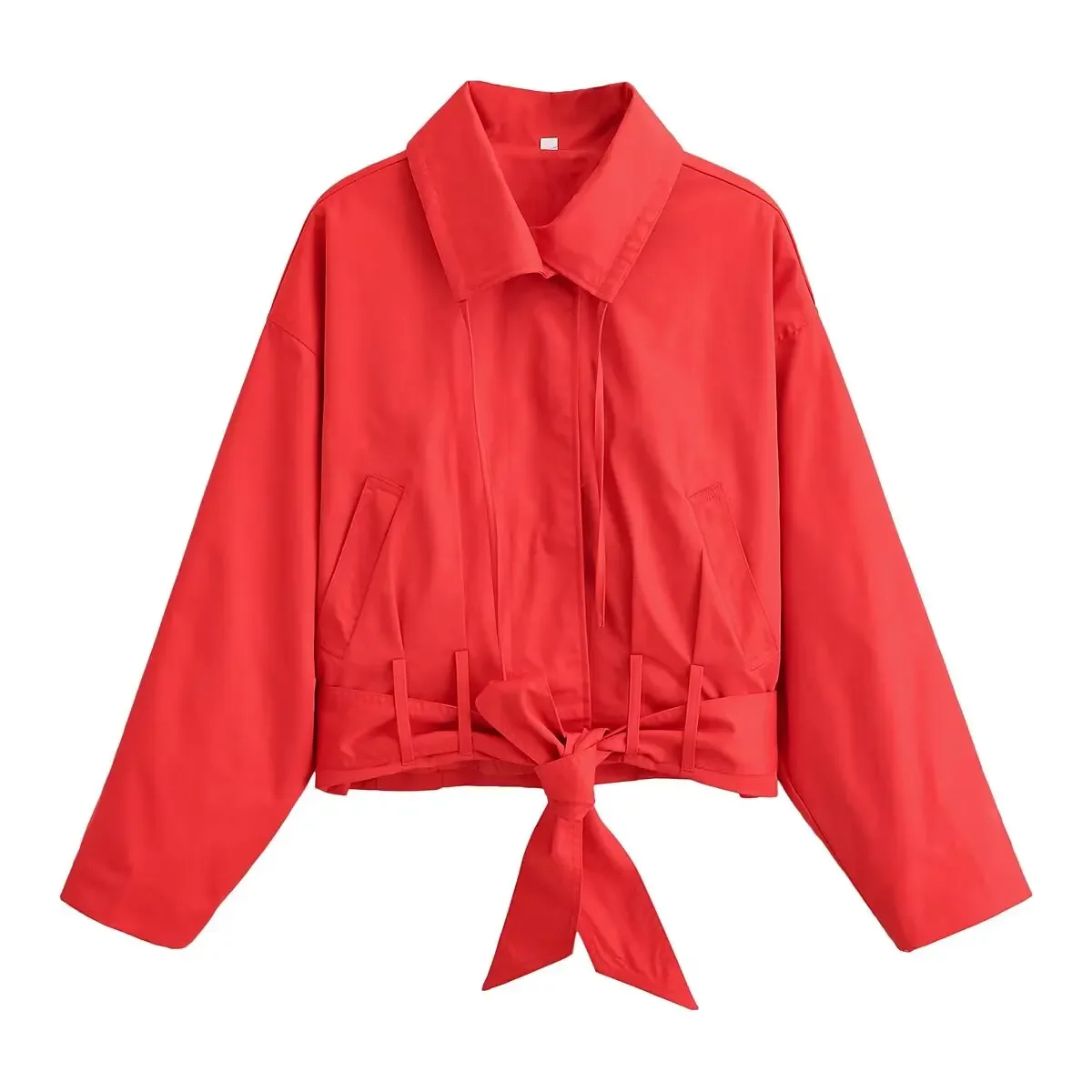 Red Short Women Jackets With Belt Spring Autumn Female Trendy High Street Casual Coats Lady Elegant Commute Turtleneck Jacket
