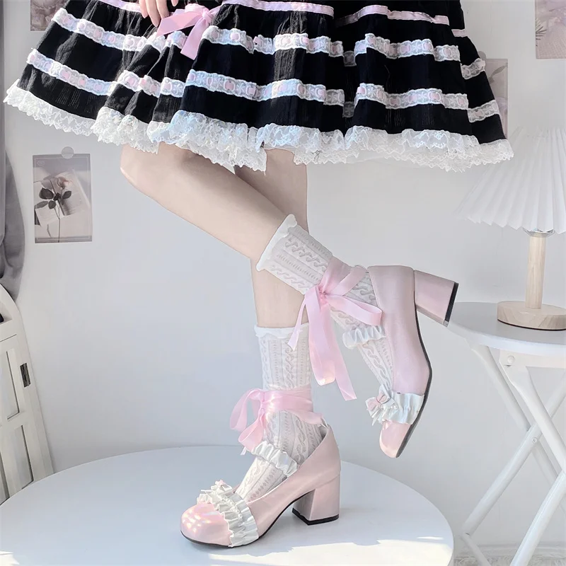 Sweetheart Knot Round Head High Heels Thick Heels Elegant Lolita Shoes Sweet Lo Shoes Japanese Loli Tea Party Cute Single Shoes