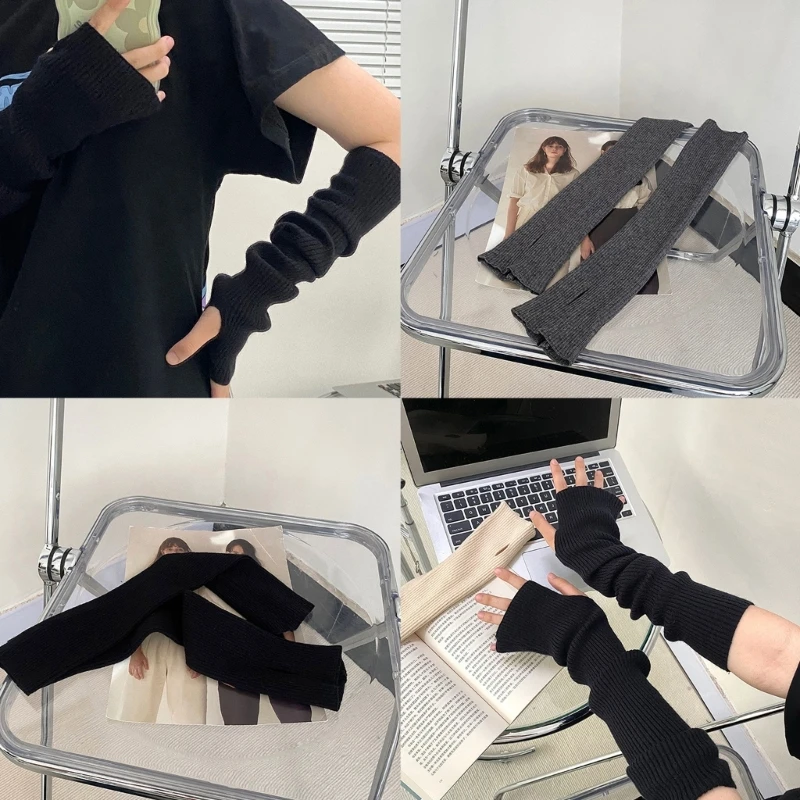 

Womens Knit Arm Warmer Fingerless Gloves Thumb Hole Gloves Soft Warm Mittens for Typing Driving Cosplays 18" Long