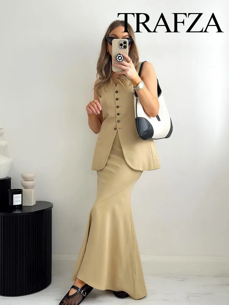 TRAFZA Women Fashion Skirts Suits Khaki V-Neck Sleeveless Pockets Single Breasted Waistcoats+High Waist Asymmetrical Slim Skirt