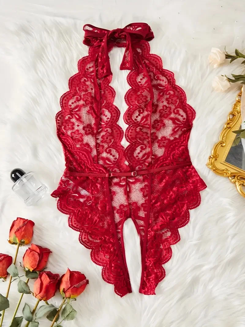 ملابس النساء الأحمر الجوف خارج الرسن ارتداءها مثير امرأة الجسم قطعة واحدة الدانتيل الملابس الداخلية المثيرة Crotchless فستان صنم الحميمة #3
