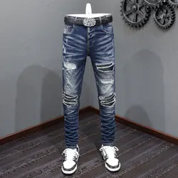 Street Fashion Men Jeans Retro Dark Blue Stretch Skinny Fit Ripped Jeans Hole Leather Patched Designer Hip Hop Brand Pants Men