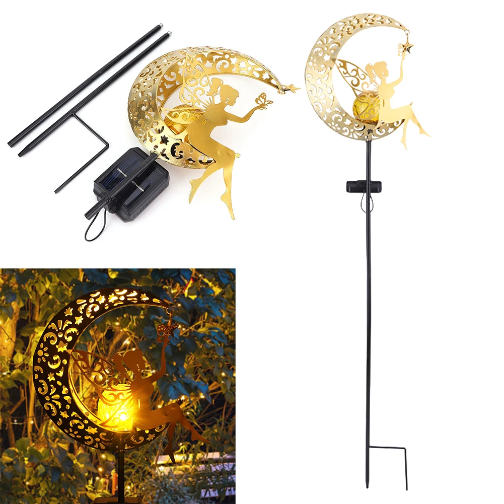 

Солнечный садовый светильник «Лунная фея»: светодиодный светильник из кракелюрного стекла в форме луны, фигурка-фонарь «Лунная фея», светильник-шампур из кованого железа, уникальный подарок для сада