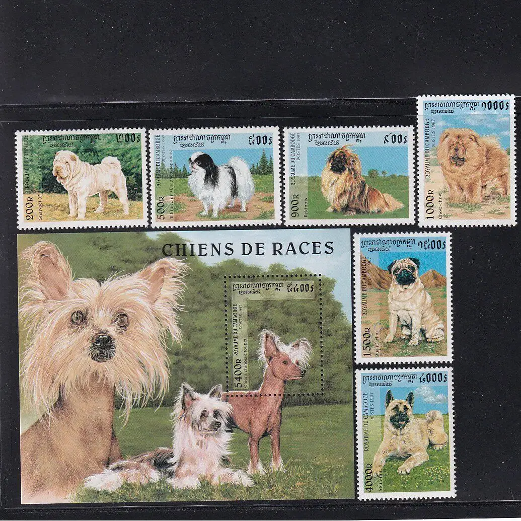 Juego completo de 7 sellos postales coleccionables de la colección de 1997 de la Posta de Camboya, con diseño de Shapi Chow, Akita y Perro de Cresta China, ideales para scrapbooking.