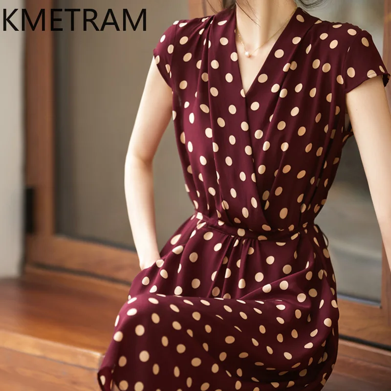 KMETRAM Mulberry Silk Tea Break Dresses for Women Summer Polka Dot Hepburn Dress French Style Wine Red Clothing Robe Femme Été