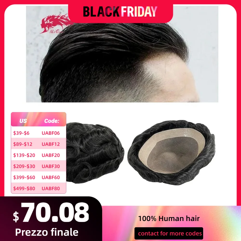 Ali Queen Haar Mono en NPU Haarvervangingssystemen Handgemaakte Pruik Indian Remy Haar Toupetje Voor Mannen Heren Wave Haarstuk Pruik