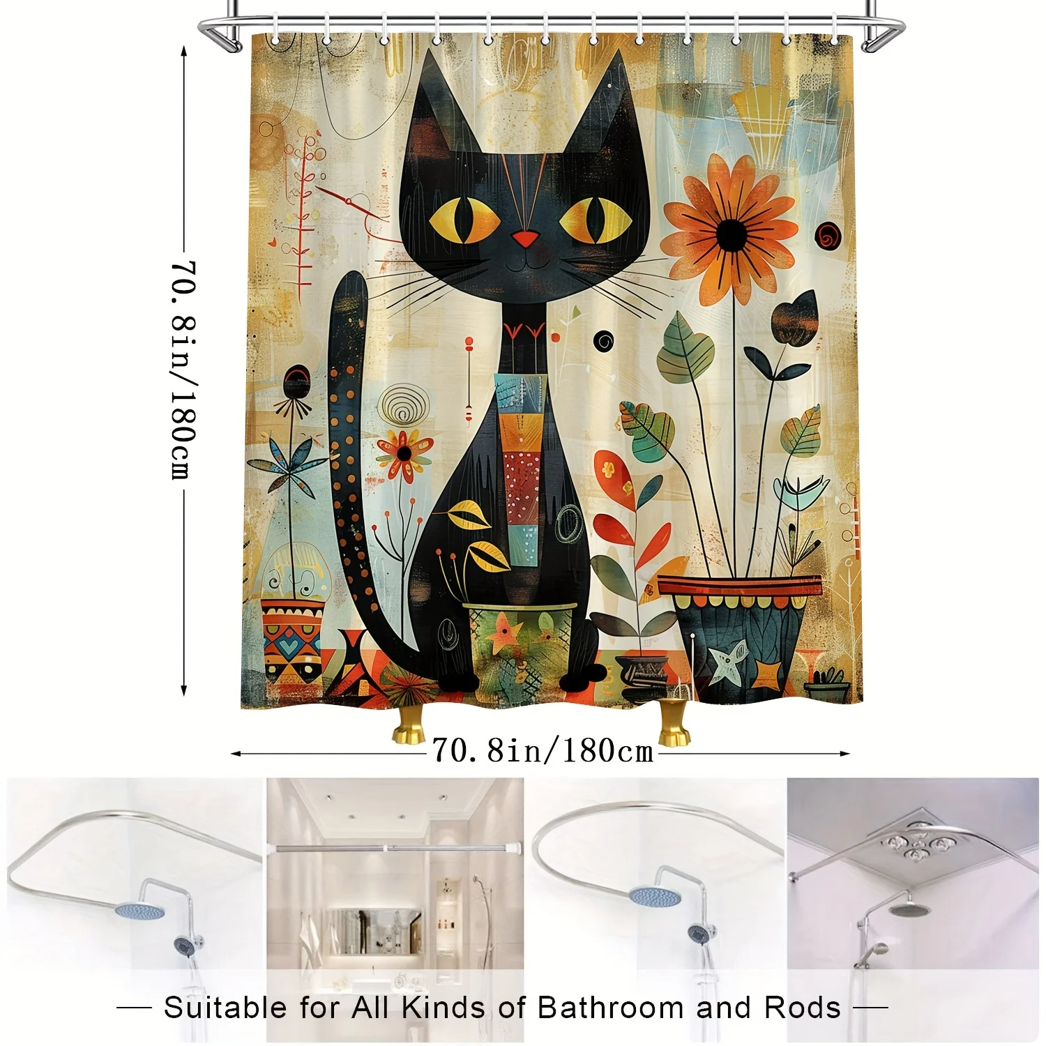 Rustic Black Cat And Sunflower Shower Curtain, Vintage Watercolor Cartoon Cat Design, Polyester Fabric Bathroom Decor With Hooks