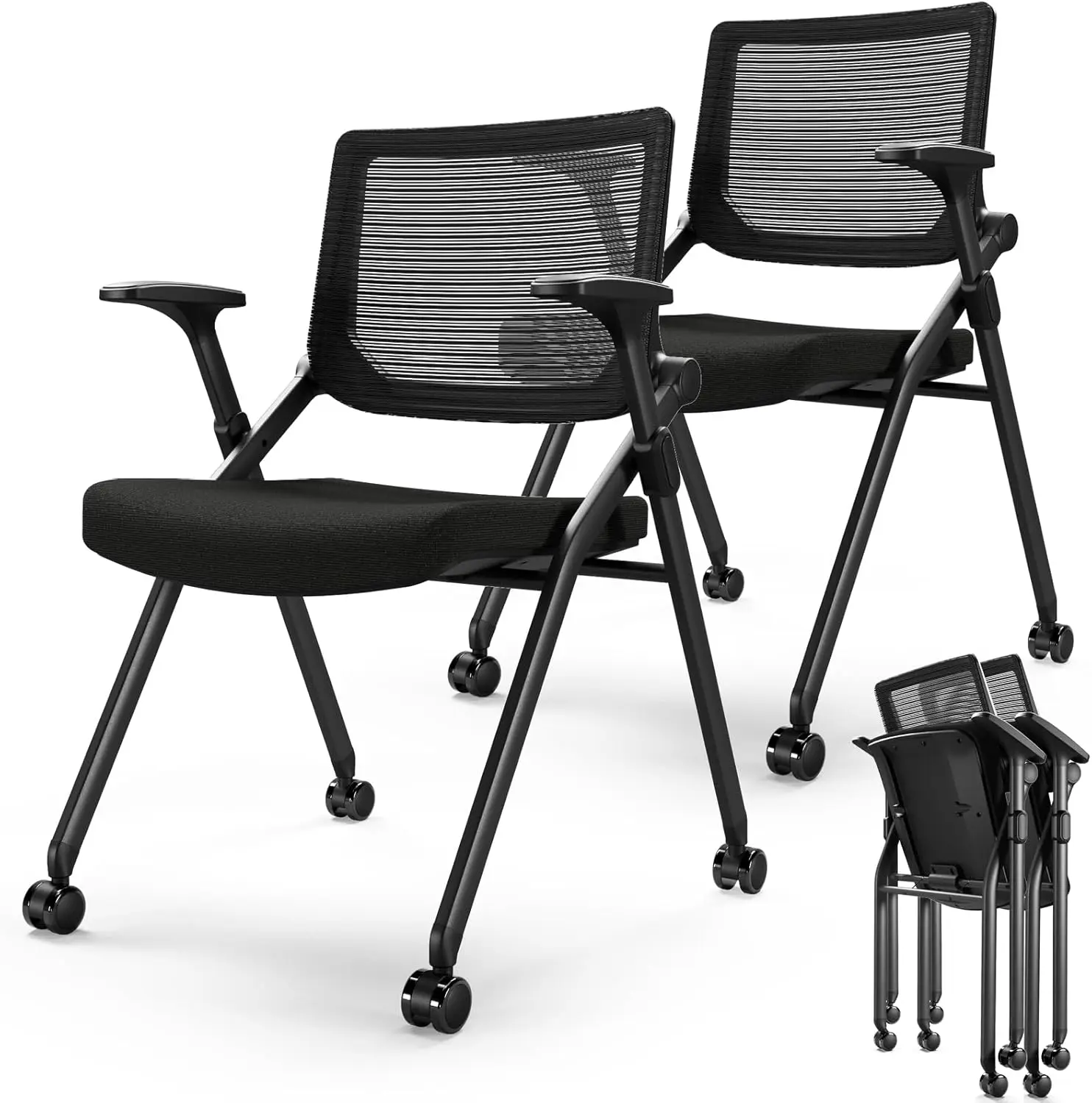 

Foldable Office Chair Set Of 2 With Pu Wheels Ergonomic Mesh Bouncing Back, Stackable Conference Room Chair, Office Guest &