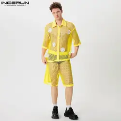 INCERUN 2024 Sexy Fashion Sets Men Mesh Hollow Flower Decoration Short Sleeved Shirt Shorts Casual Clubwear Two-piece Sets S-5XL