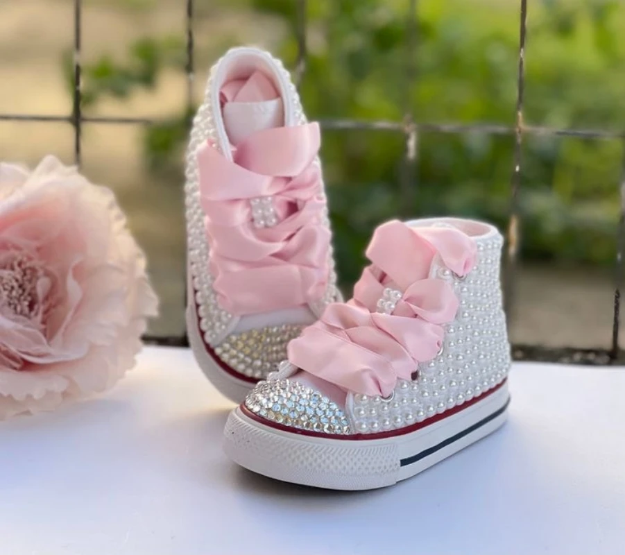 Scarpe per bambini nome foto Design personalizzato per ragazza festa di compleanno tela Dollbling fatto a mano Bling arcobaleno perle Sneakers