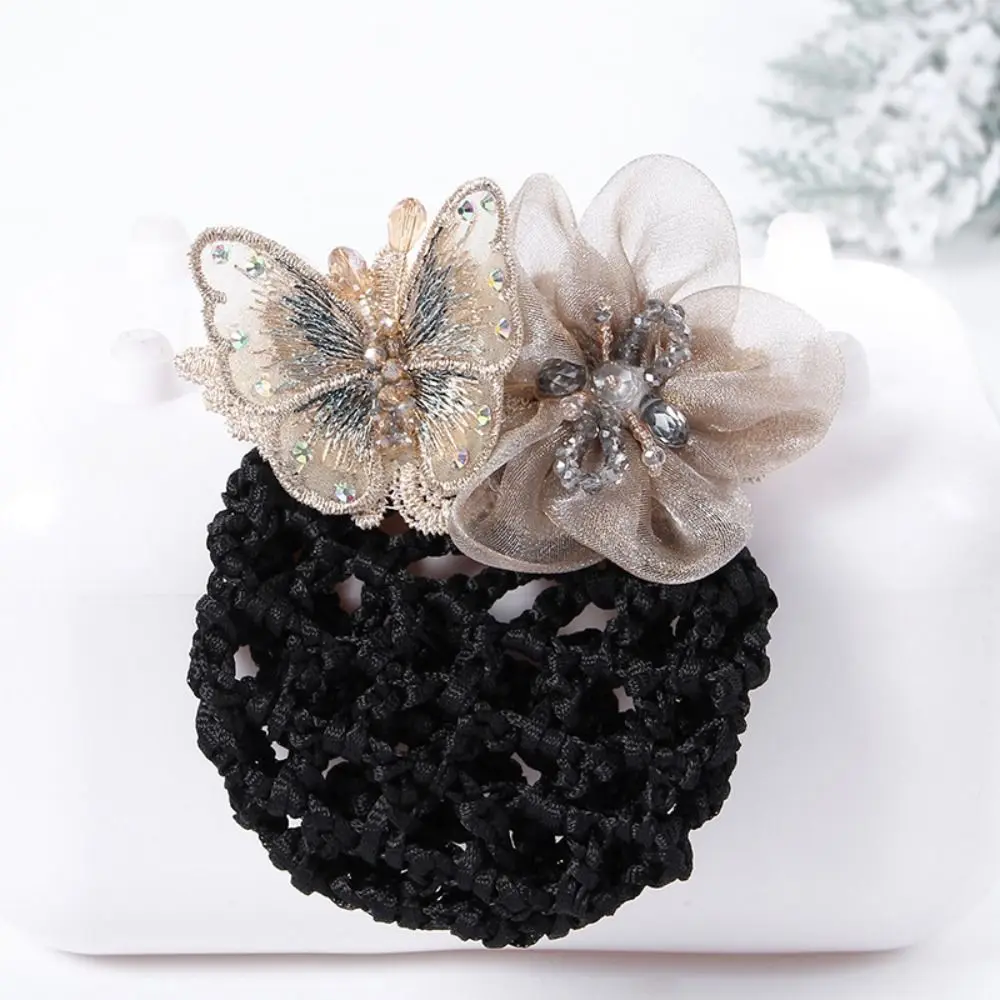 Butterfly Flower Hair Bun Net Korean Style Spring Hair Clip Office Hair Flower Rhinestone Beads Decor Hair Bun Holder