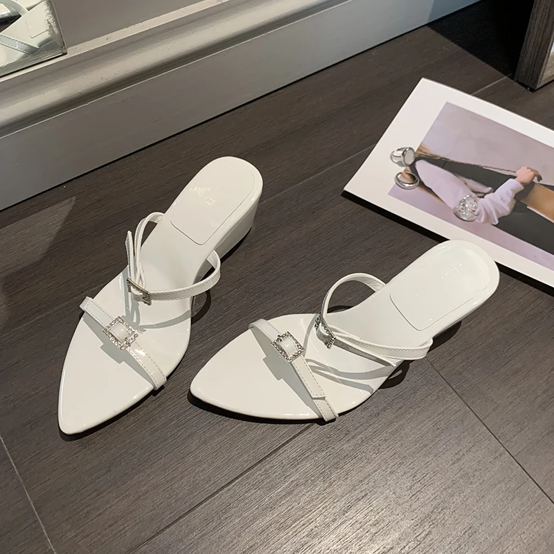 ZOOKERLIN Pointed Patent Leather Flip Flops Wedges Women's Slippers Solid Color Simple Summer Beach Slides Muller Shoes Clip Toe