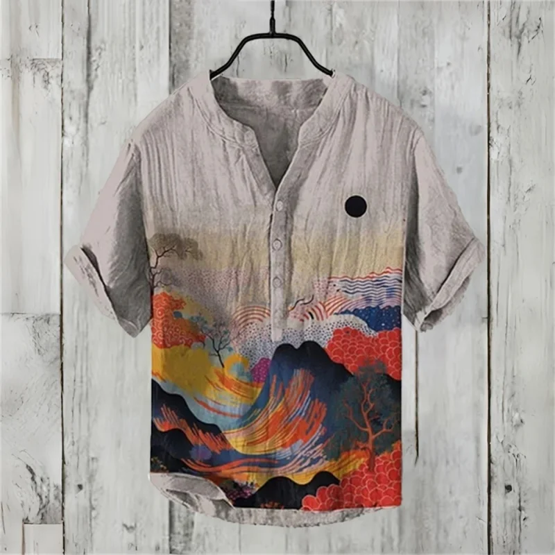 

2026 New Men's Japanese Ukiyo-e Print Henley Shirt Casual Linen Blend Short Sleeve Half Button Loose Fit Tunic Lightweight Tops