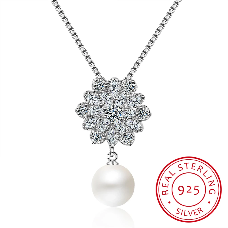 

925 Sterling Silver Clavicle Chain Necklace Luxury Dazzling Zirconia Snowflake Simulated Pearl Pendant Necklace S-n202