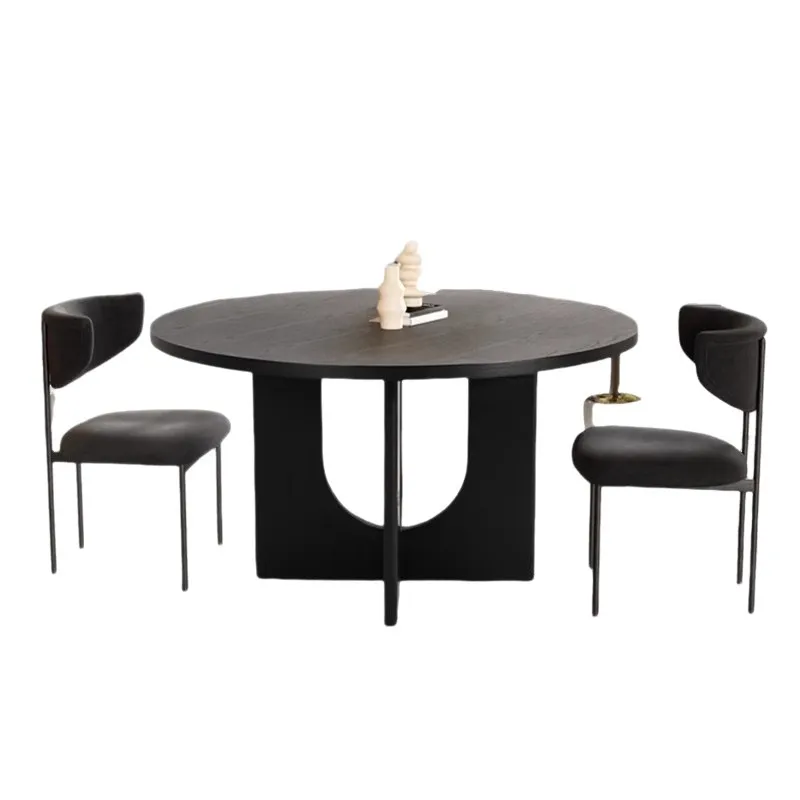 

Solid wood round dining table, ash wood medium antique light luxury black dining table, small apartment simple household round