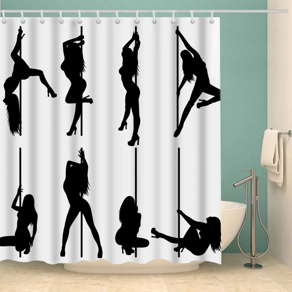 

Stylish Pole Dancer Silhouette Shower Curtain, Black White Art Print Washable Waterproof Fabric Bathroom Partition Curtain